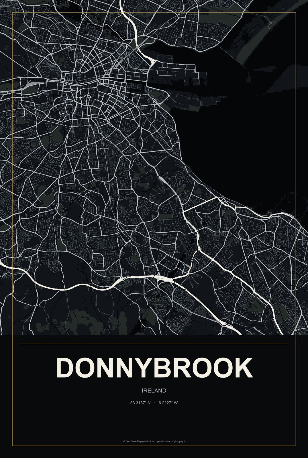 Donnybrook, Ireland City Map Aluminum Sign in Metropolitan Noir style