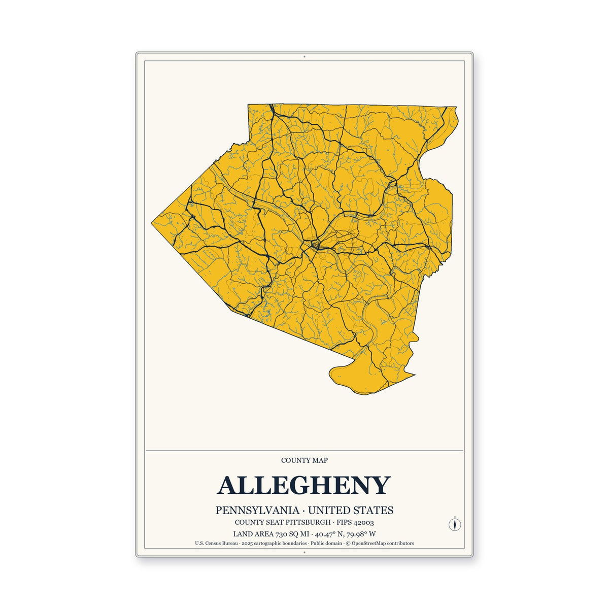 Allegheny County, Pennsylvania Map Aluminum Sign in Citrine Modern style