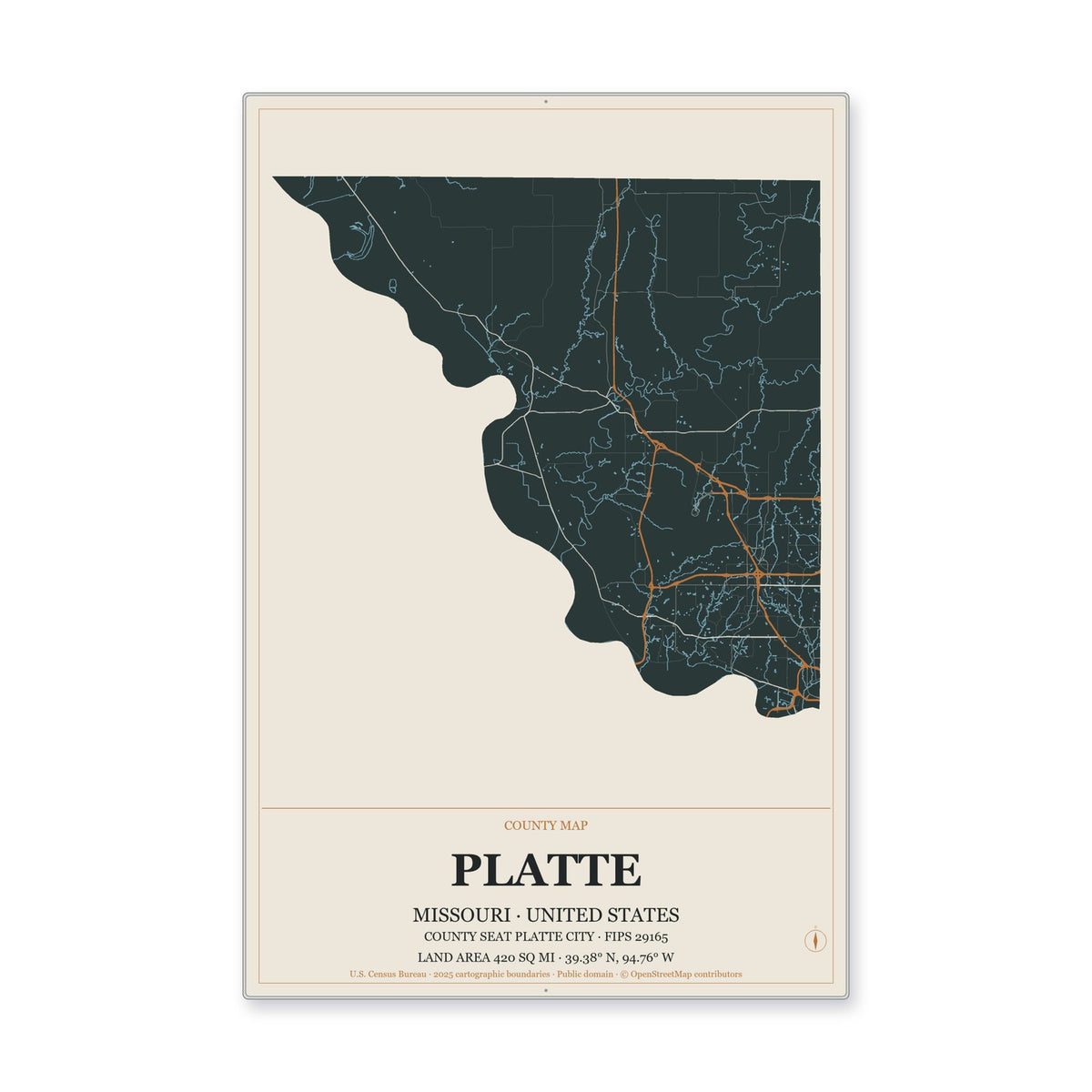Platte County, Missouri Map Aluminum Sign in Headline Atlas style