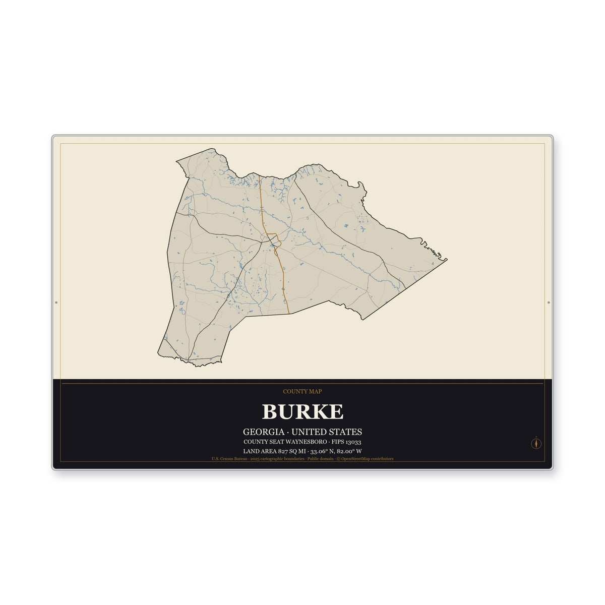Burke County, Georgia Map Aluminum Sign in Museum Plaque style
