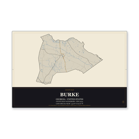 Burke County, Georgia Map Aluminum Sign in Museum Plaque style
