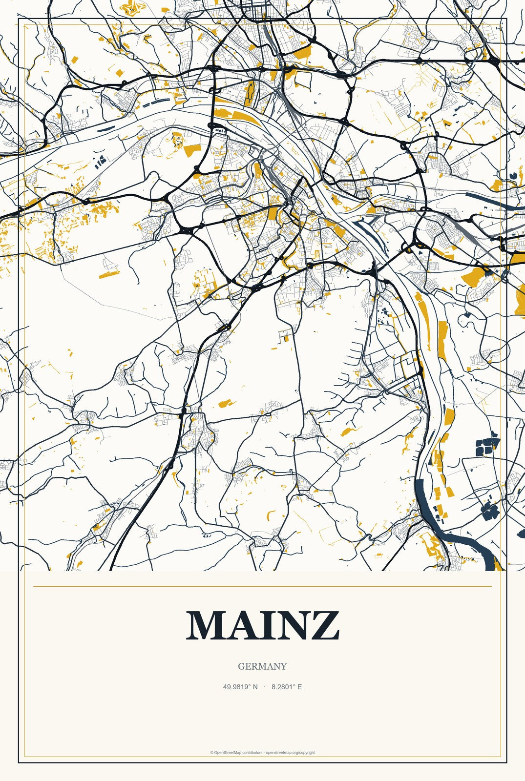 Mainz, Germany City Map Aluminum Sign in Citrine Modern style