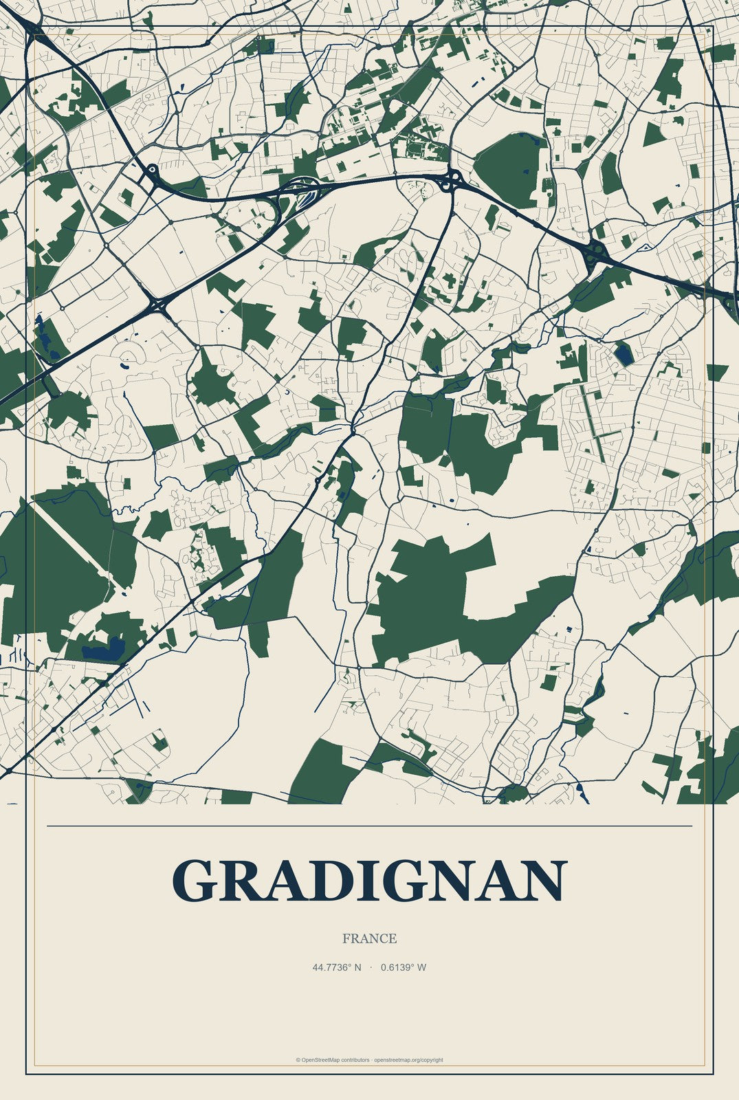 Gradignan, France City Map Aluminum Sign in Coastal Cutout style