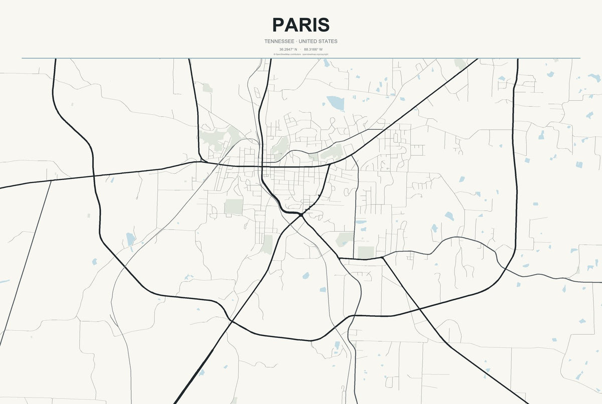 Paris, Tennessee City Map Aluminum Sign in Headline Atlas style