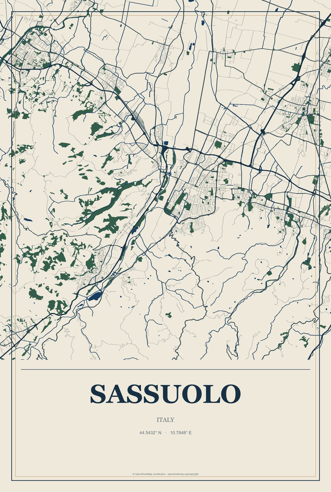 Sassuolo, Italy City Map Aluminum Sign in Coastal Cutout style