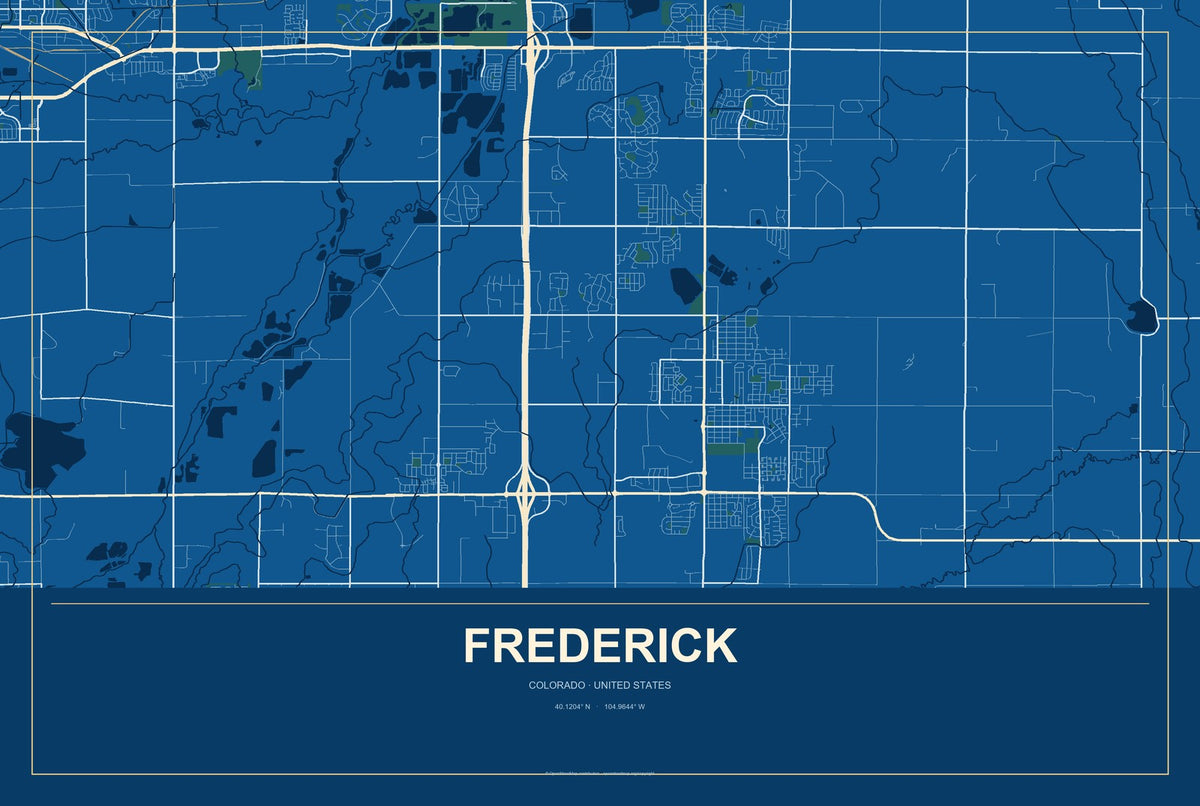 Frederick, Colorado City Map Aluminum Sign in Harbor Cobalt style