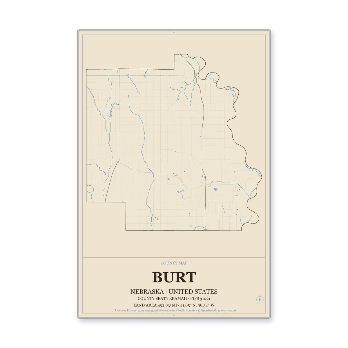 Burt County, Nebraska Map Aluminum Sign in Heritage Nautical style