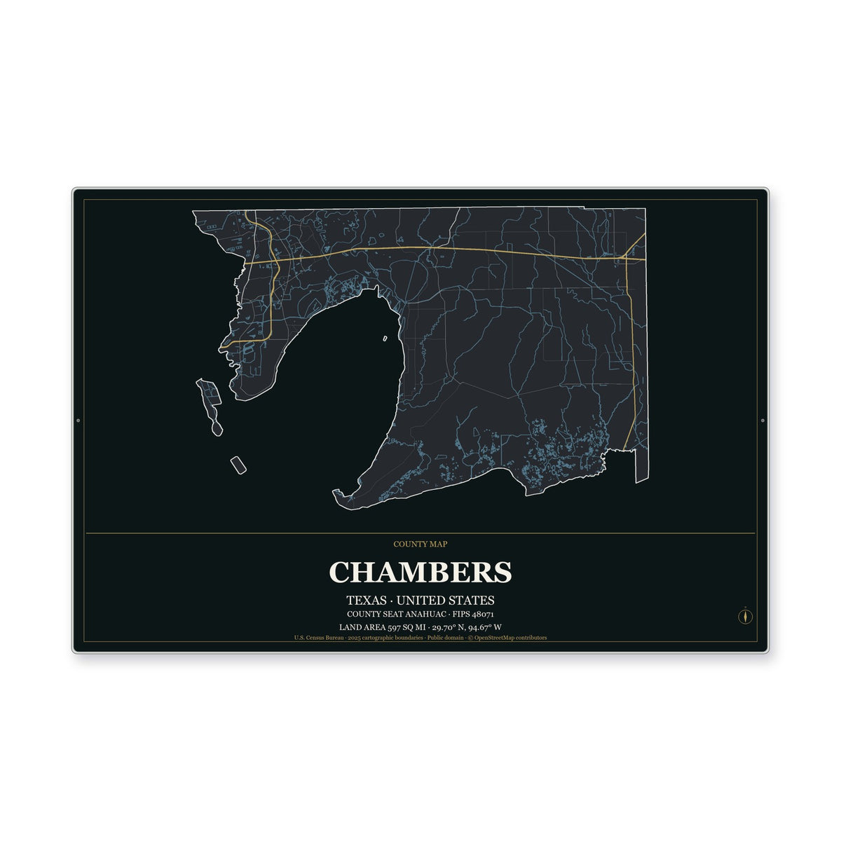 Chambers County, Texas Map Aluminum Sign in Metropolitan Noir style