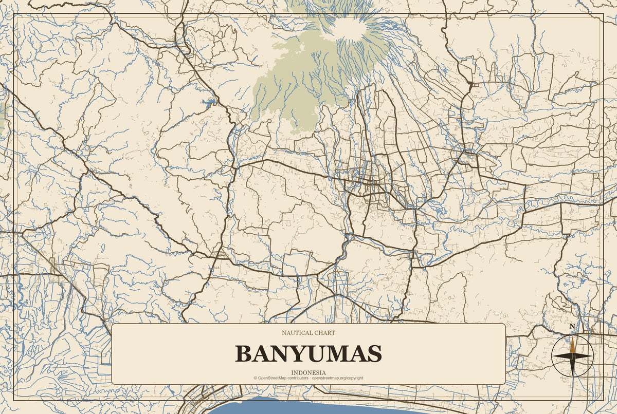 Banyumas, Indonesia City Map Aluminum Sign in Heritage Nautical style