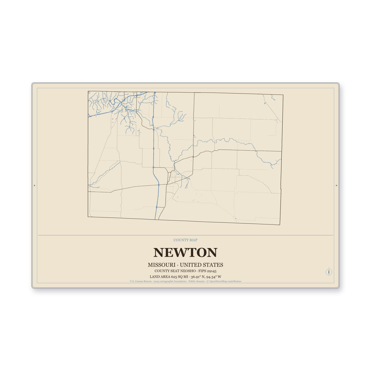 Newton County, Missouri Map Aluminum Sign in Heritage Nautical style