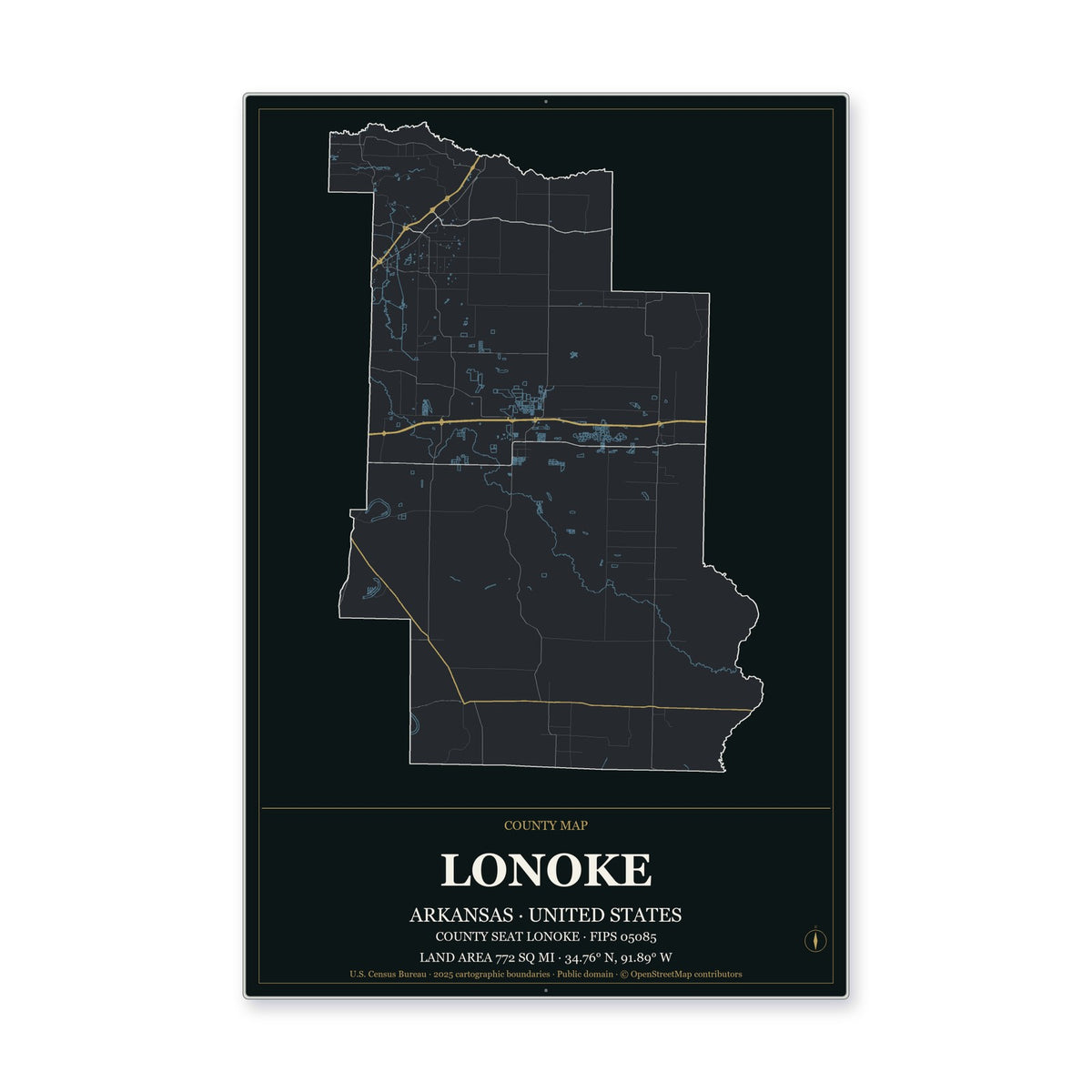 Lonoke County, Arkansas Map Aluminum Sign in Metropolitan Noir style