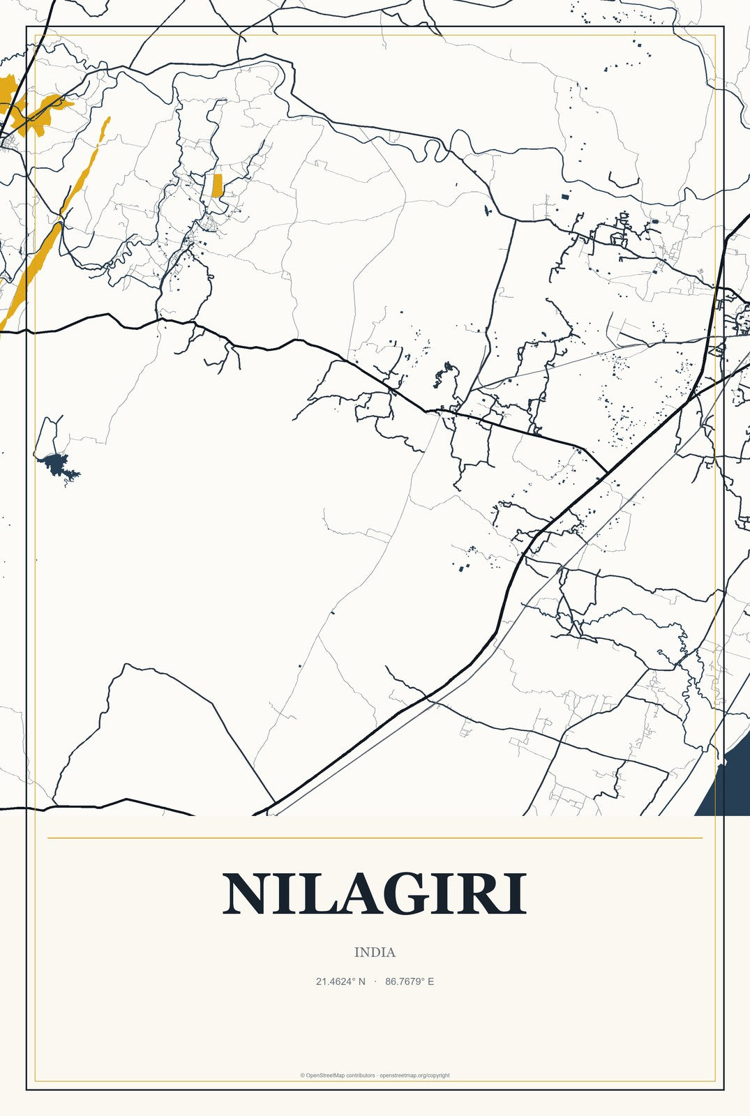 Nilagiri, India City Map Aluminum Sign in Citrine Modern style