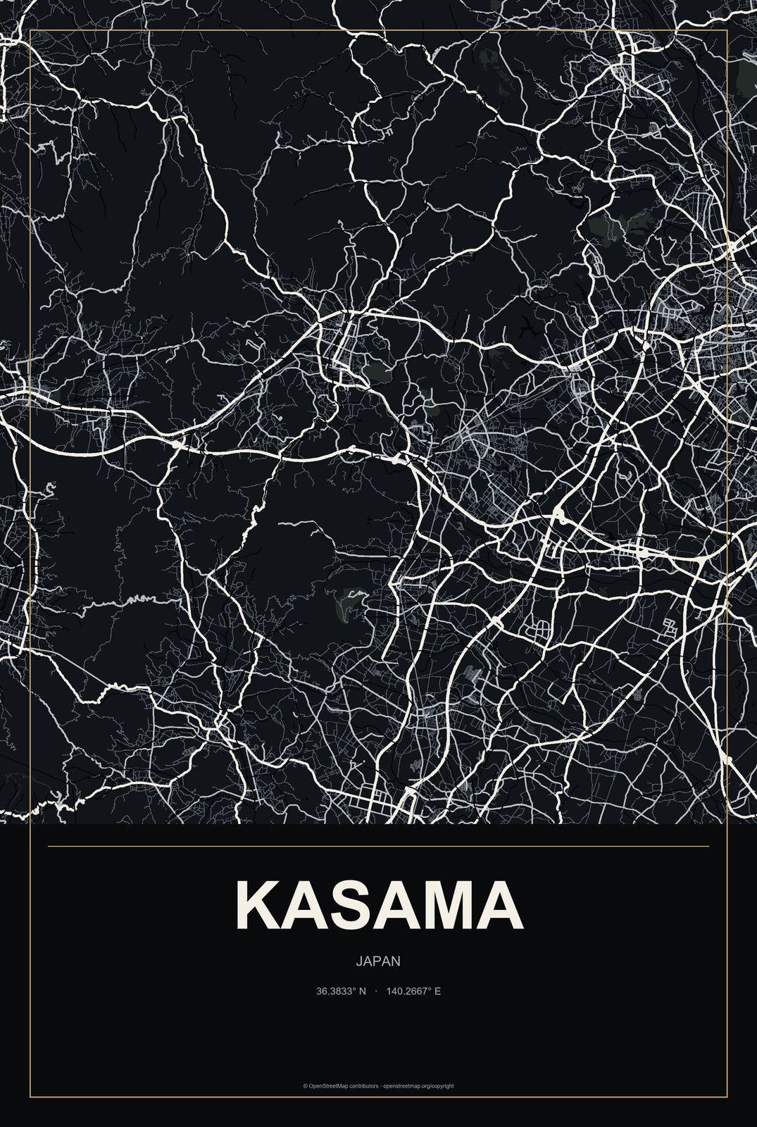 Kasama, Japan City Map Aluminum Sign in Metropolitan Noir style