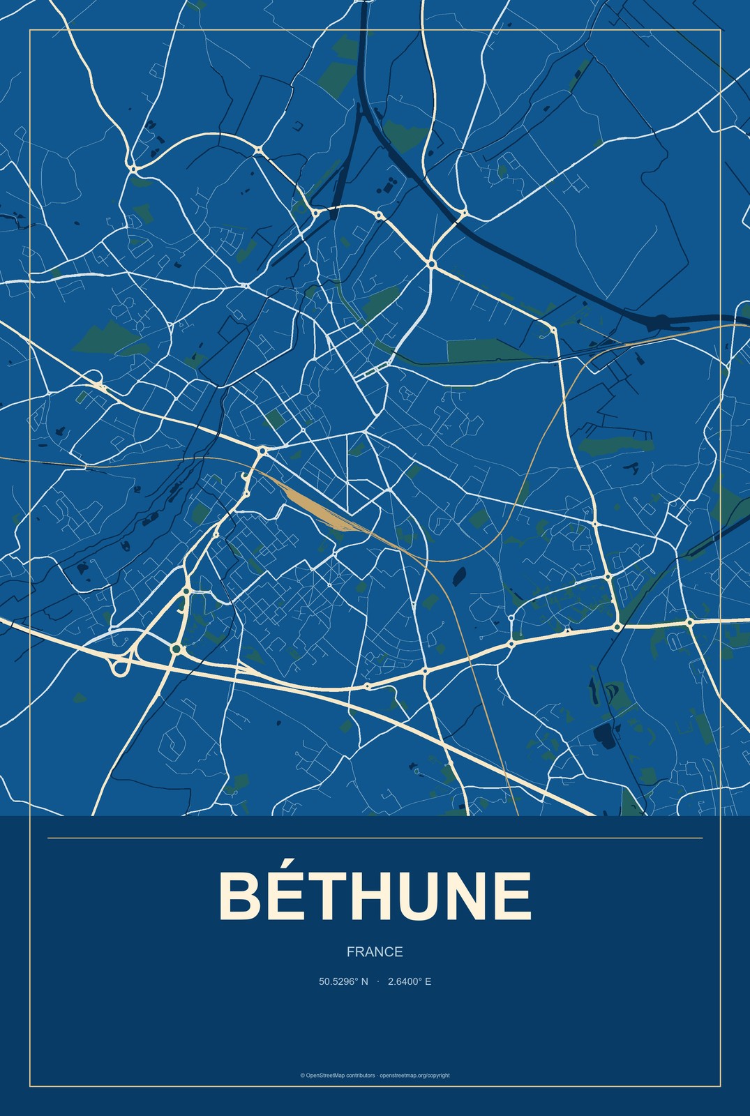 Béthune, France City Map Aluminum Sign in Harbor Cobalt style