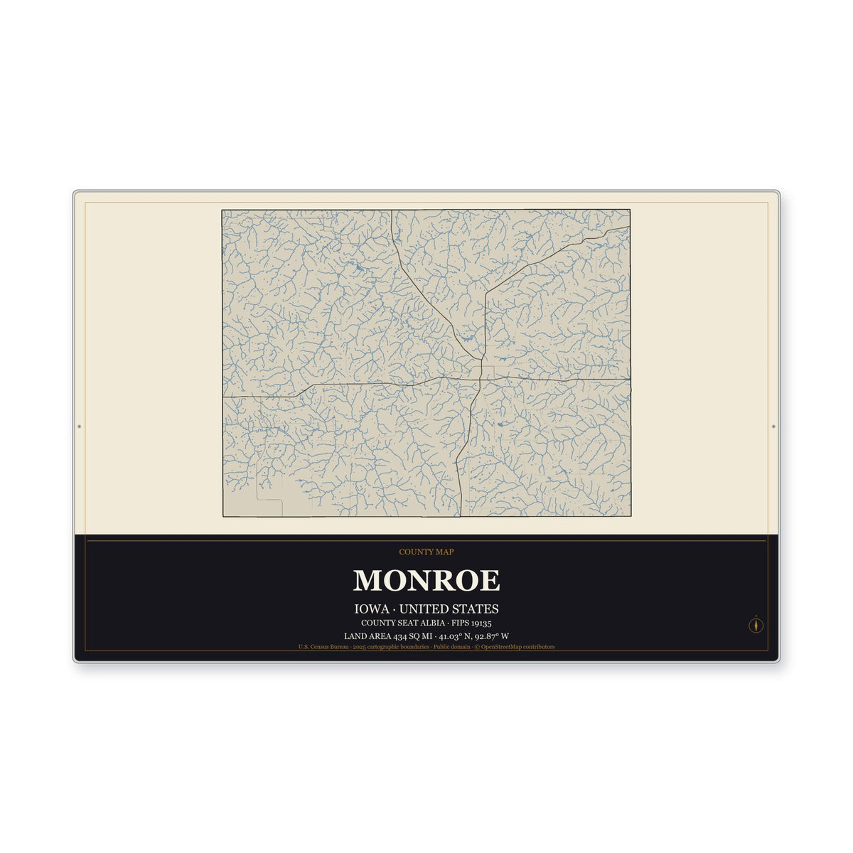 Monroe County, Iowa Map Aluminum Sign in Museum Plaque style