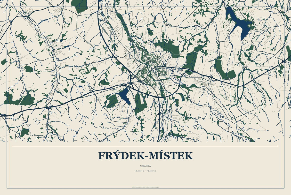 Frýdek-Místek, Czechia City Map Aluminum Sign in Coastal Cutout style