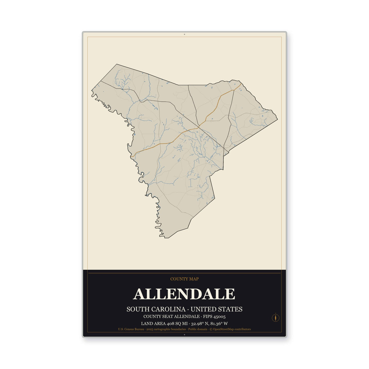 Allendale County, South Carolina Map Aluminum Sign in Museum Plaque style