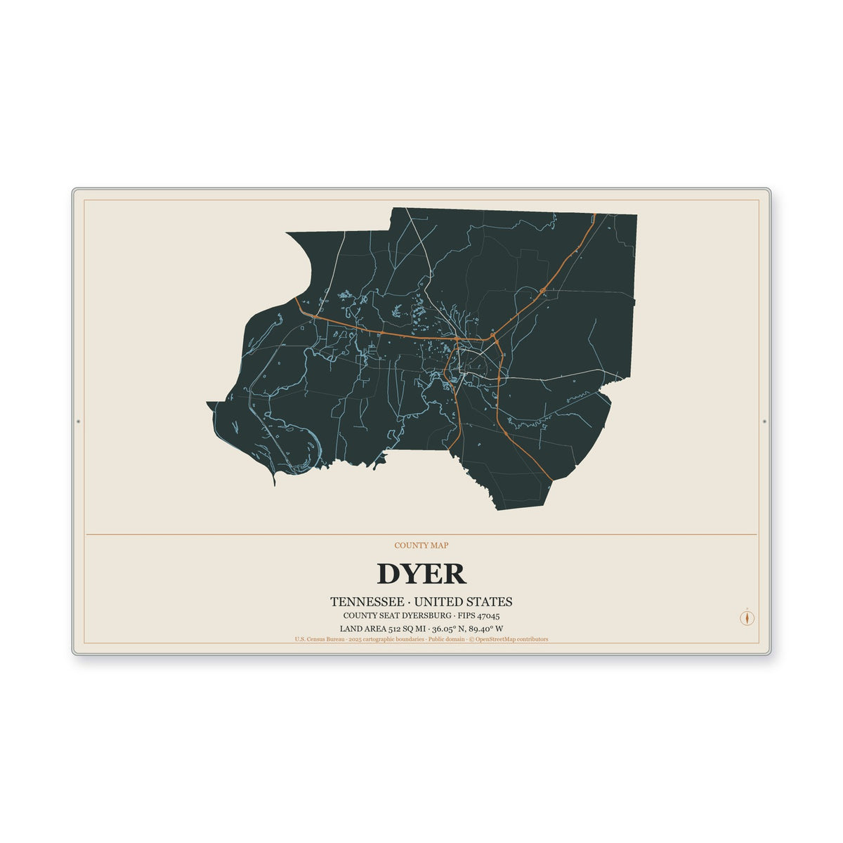 Dyer County, Tennessee Map Aluminum Sign in Headline Atlas style