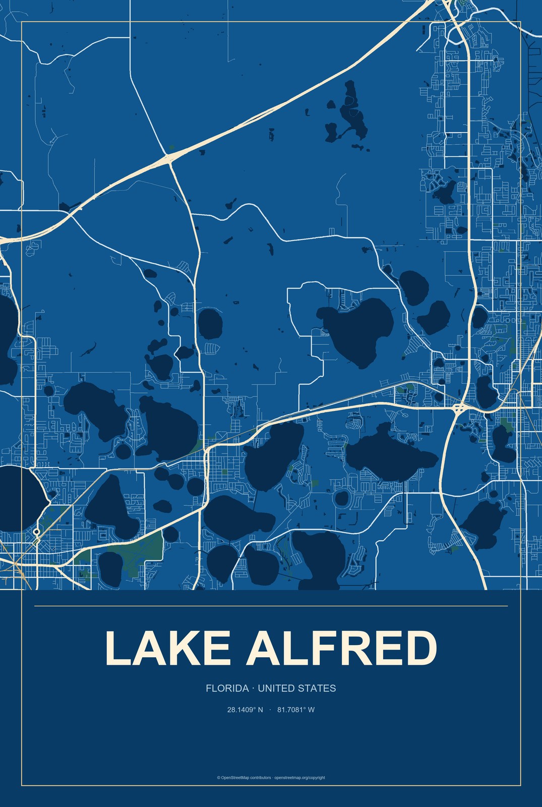 Lake Alfred, Florida City Map Aluminum Sign in Harbor Cobalt style