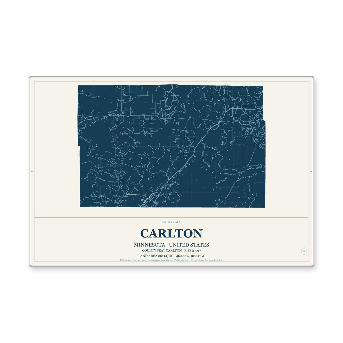 Carlton County, Minnesota Map Aluminum Sign in Coastal Cutout style