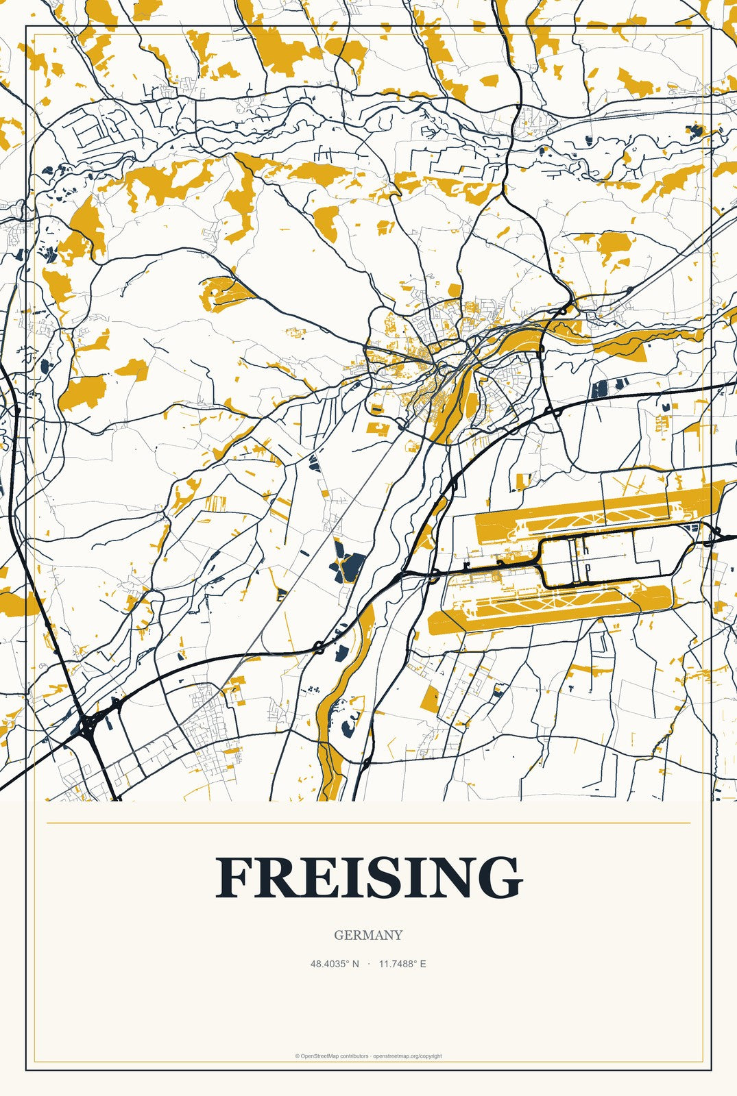 Freising, Germany City Map Aluminum Sign in Citrine Modern style