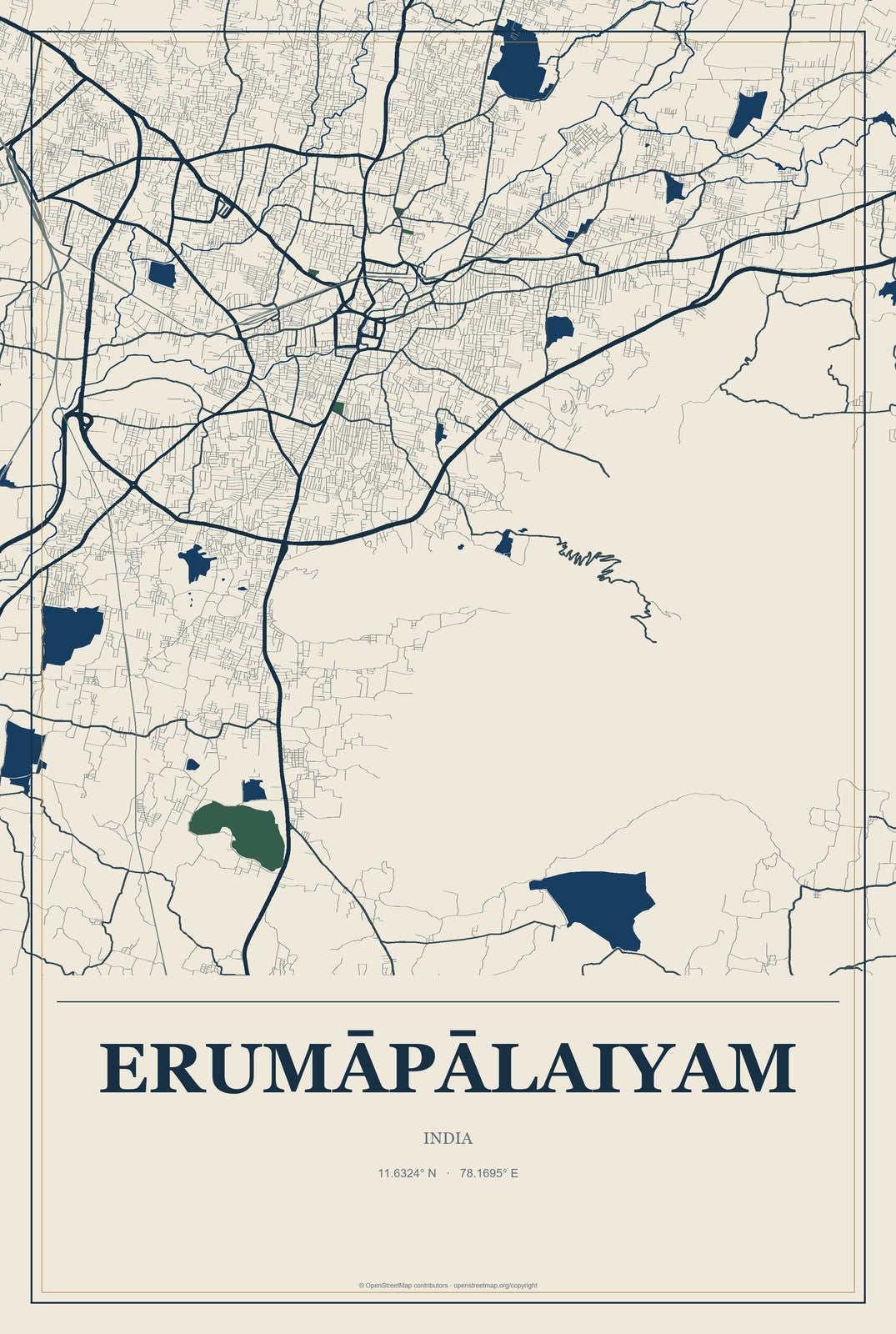 Erumāpālaiyam, India City Map Aluminum Sign in Coastal Cutout style