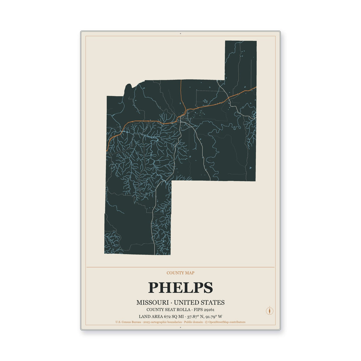 Phelps County, Missouri Map Aluminum Sign in Headline Atlas style