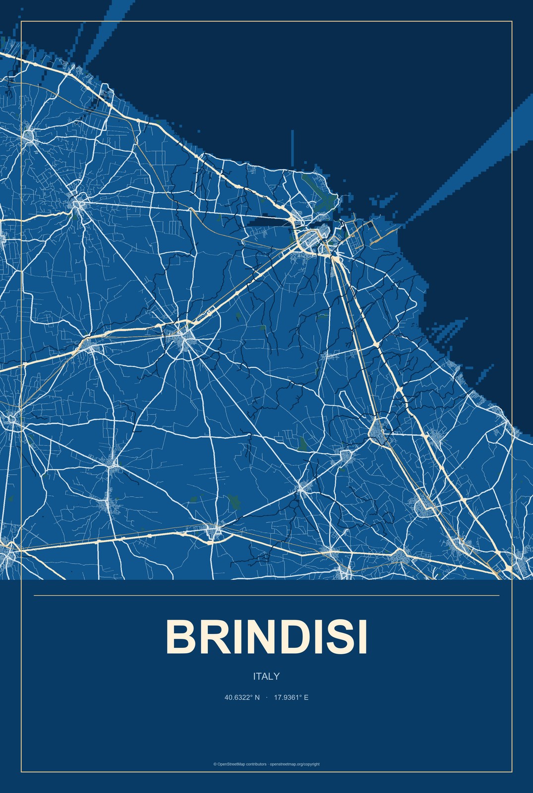 Brindisi, Italy City Map Aluminum Sign in Harbor Cobalt style