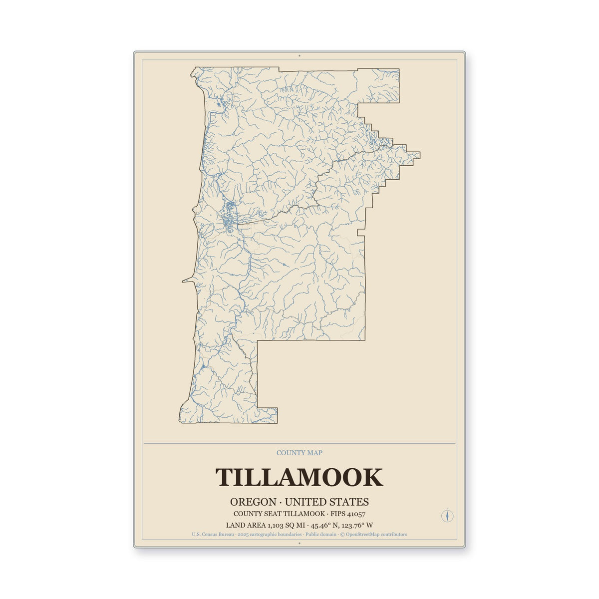 Tillamook County, Oregon Map Aluminum Sign in Heritage Nautical style