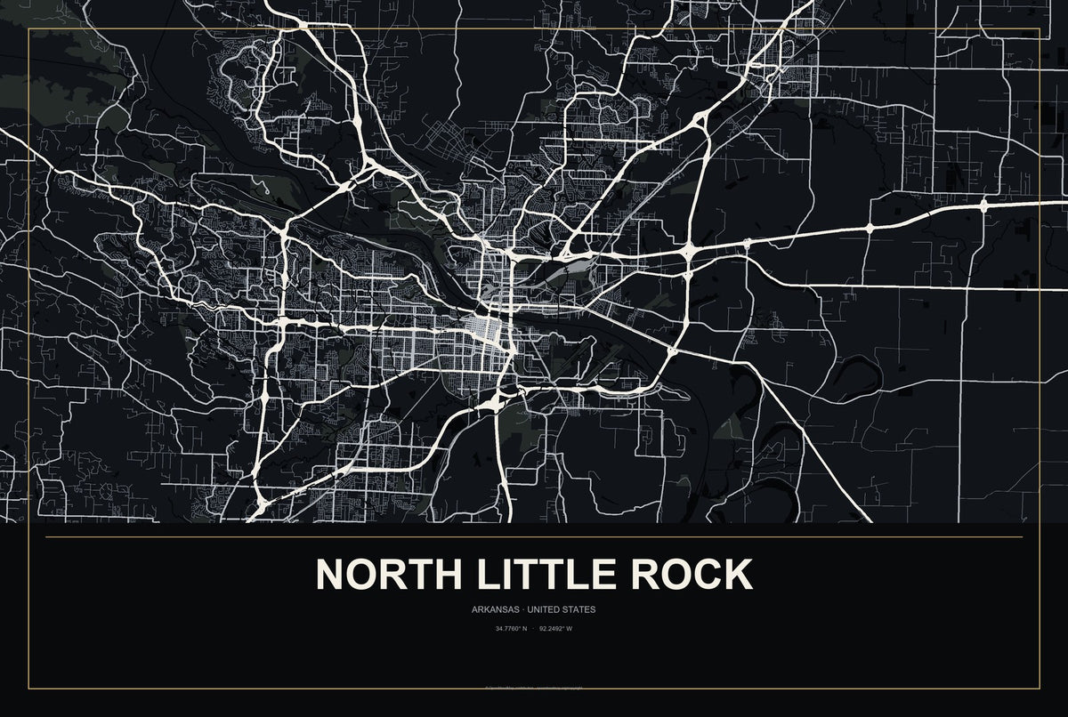 North Little Rock, Arkansas City Map Aluminum Sign in Metropolitan Noir style