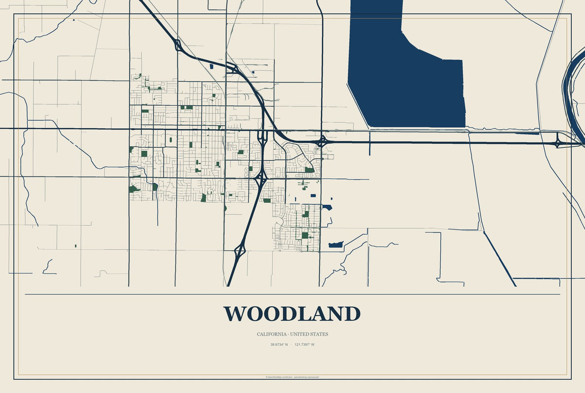 Woodland, California City Map Aluminum Sign in Coastal Cutout style