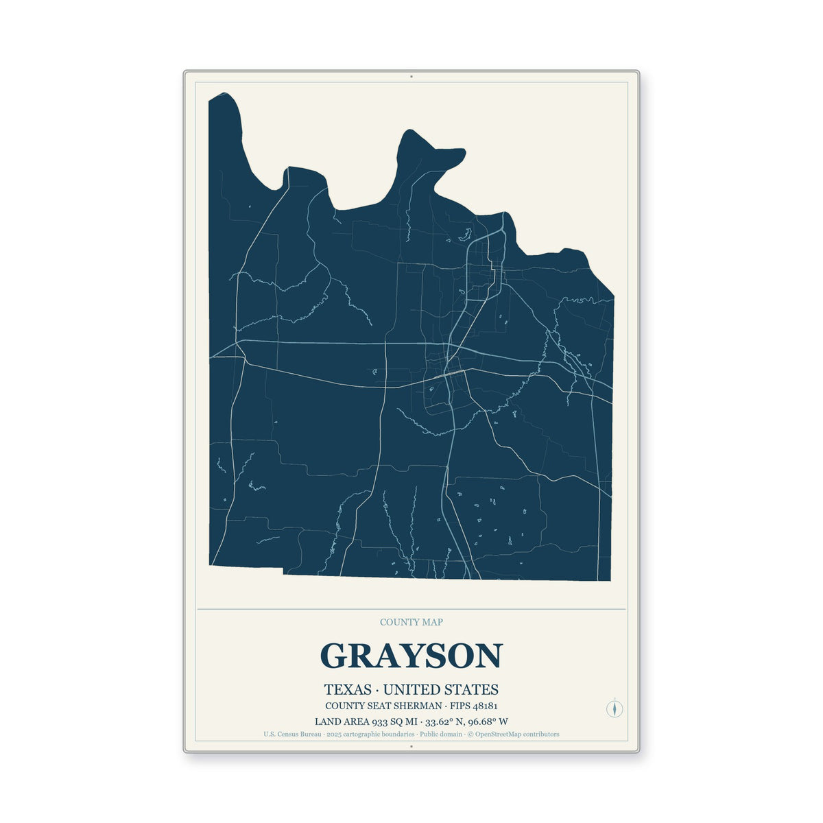 Grayson County, Texas Map Aluminum Sign in Coastal Cutout style
