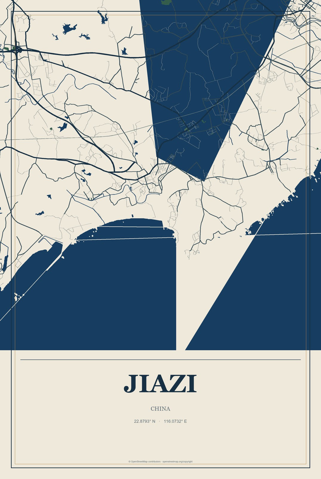 Jiazi, China City Map Aluminum Sign in Coastal Cutout style