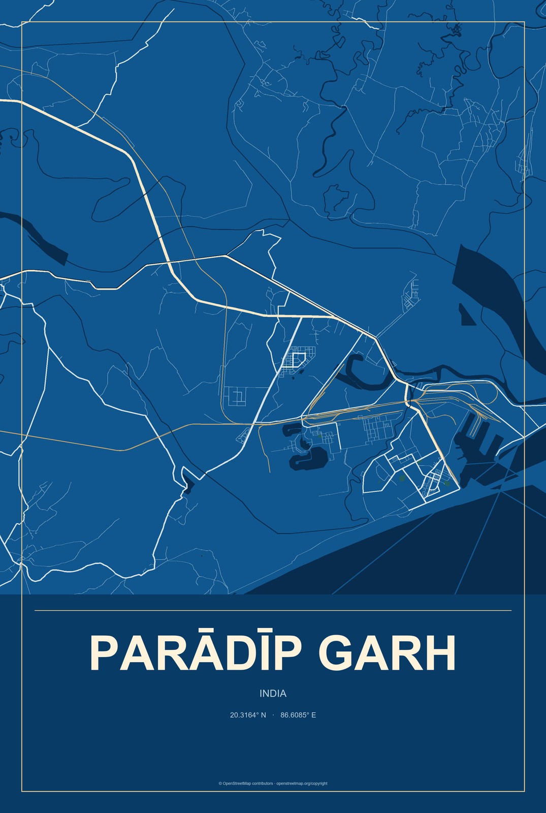 Parādīp Garh, India City Map Aluminum Sign in Harbor Cobalt style