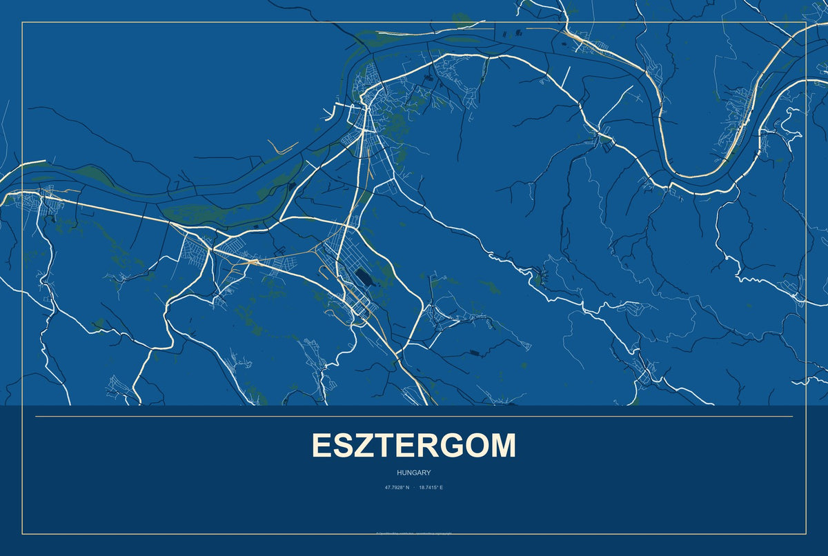 Esztergom, Hungary City Map Aluminum Sign in Harbor Cobalt style