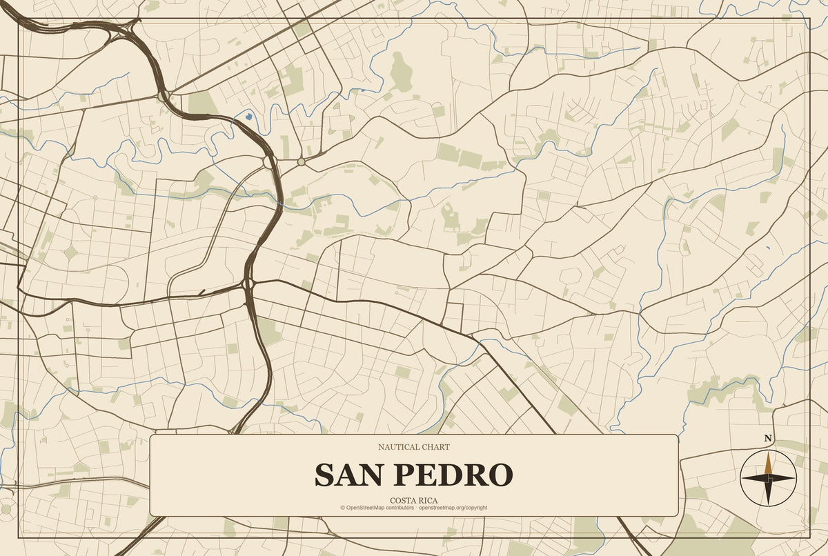 San Pedro, Costa Rica City Map Aluminum Sign in Heritage Nautical style