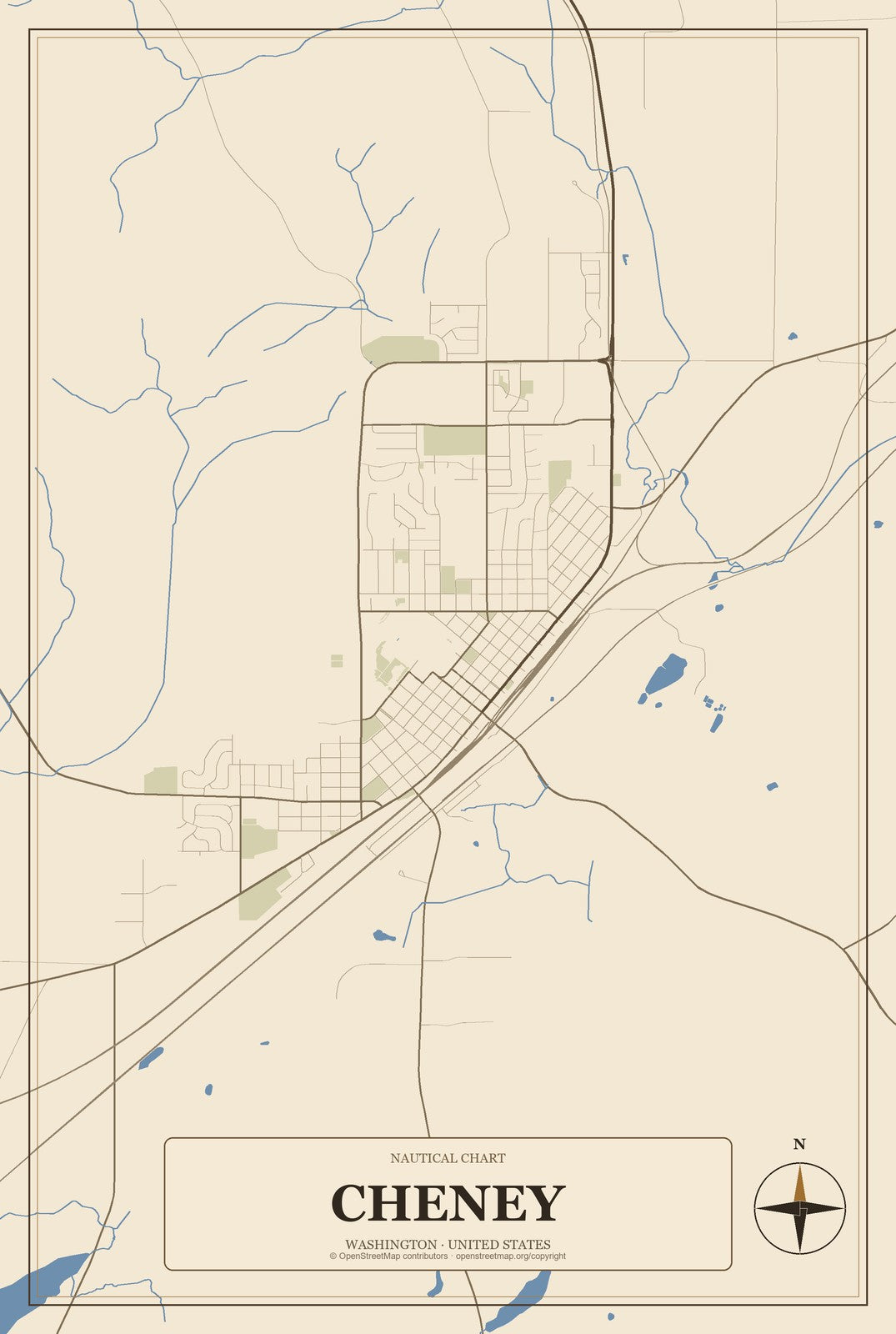 Cheney, Washington City Map Aluminum Sign in Heritage Nautical style