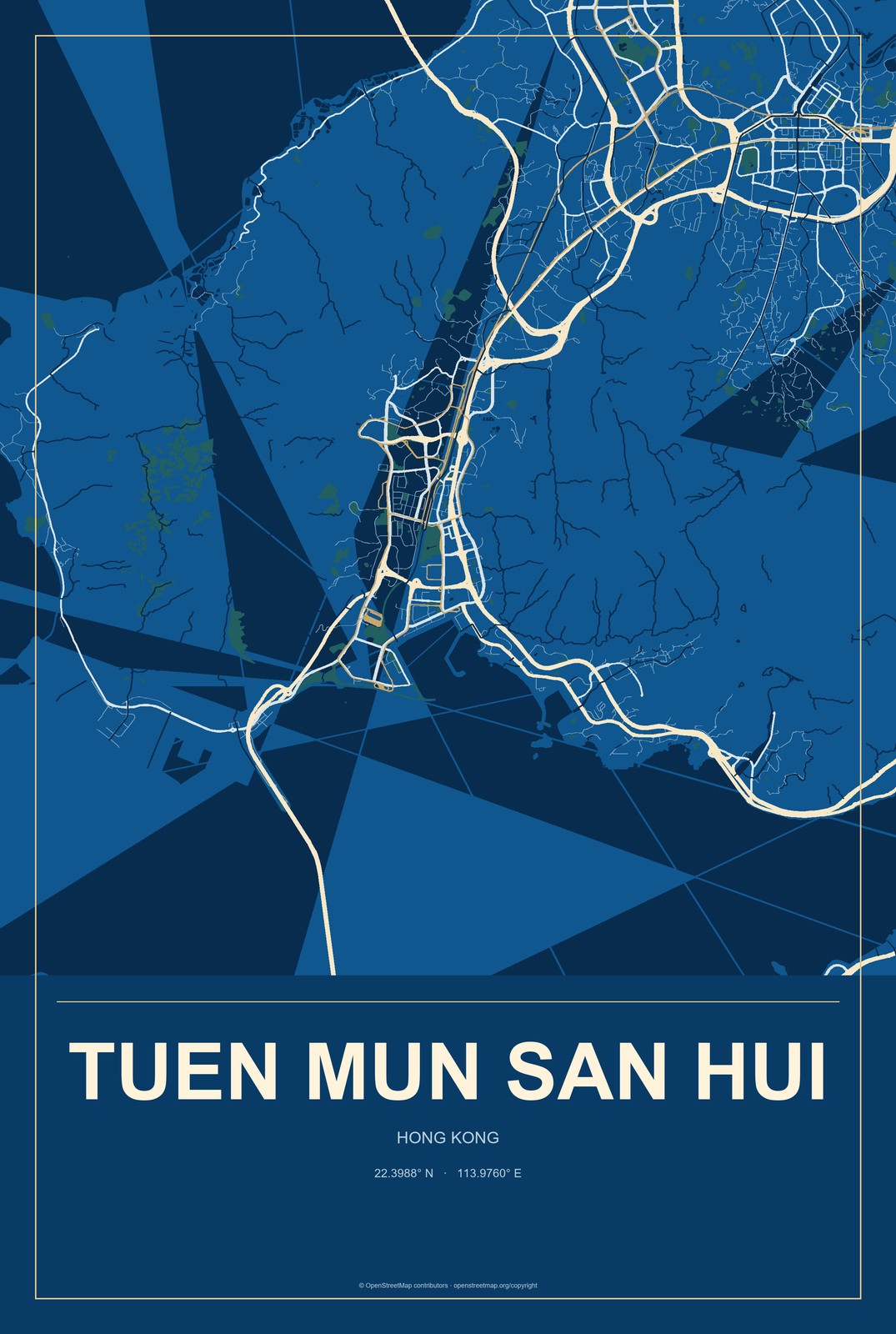 Tuen Mun San Hui, Hong Kong City Map Aluminum Sign in Harbor Cobalt style