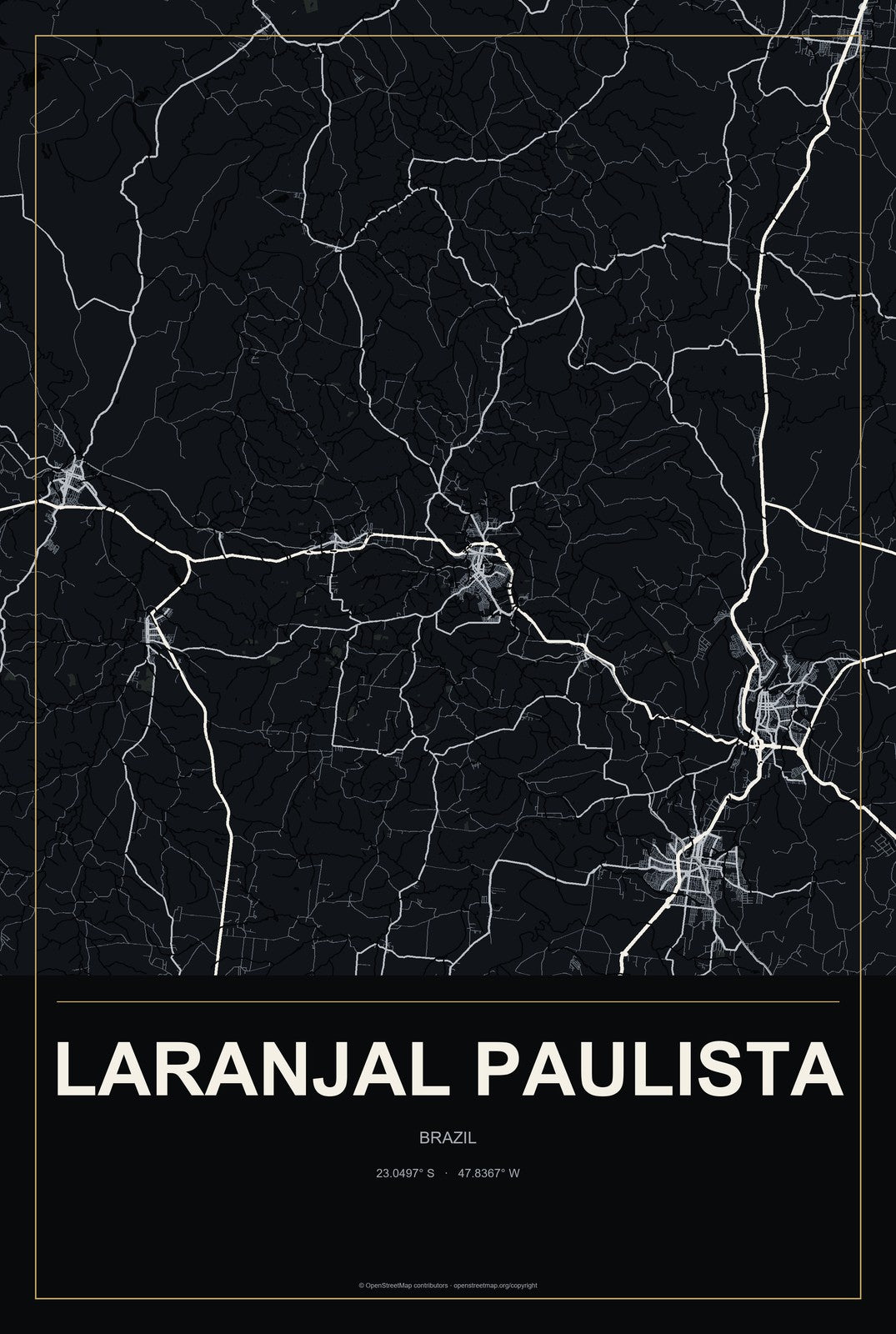 Laranjal Paulista, Brazil City Map Aluminum Sign in Metropolitan Noir style
