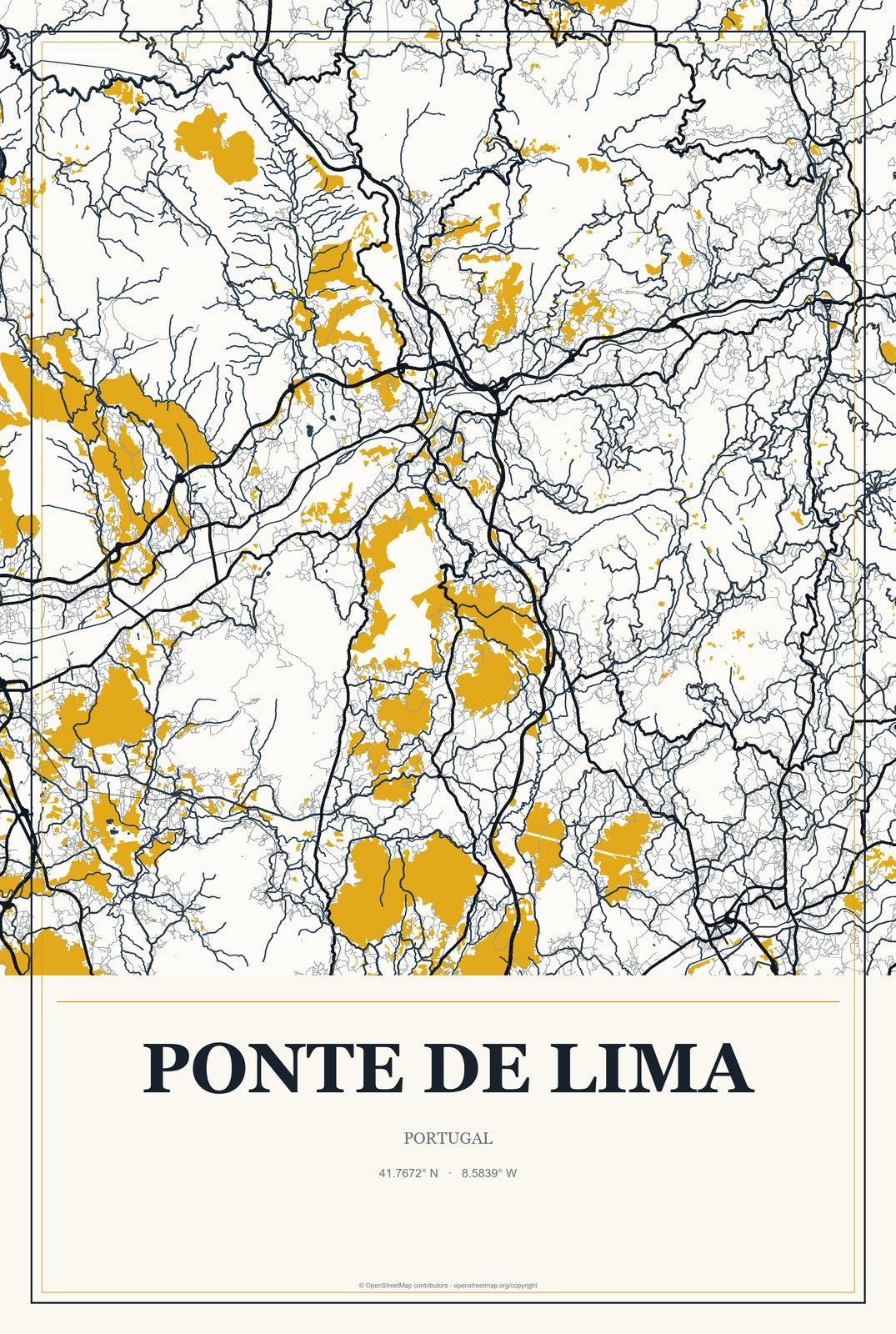 Ponte de Lima, Portugal City Map Aluminum Sign in Citrine Modern style