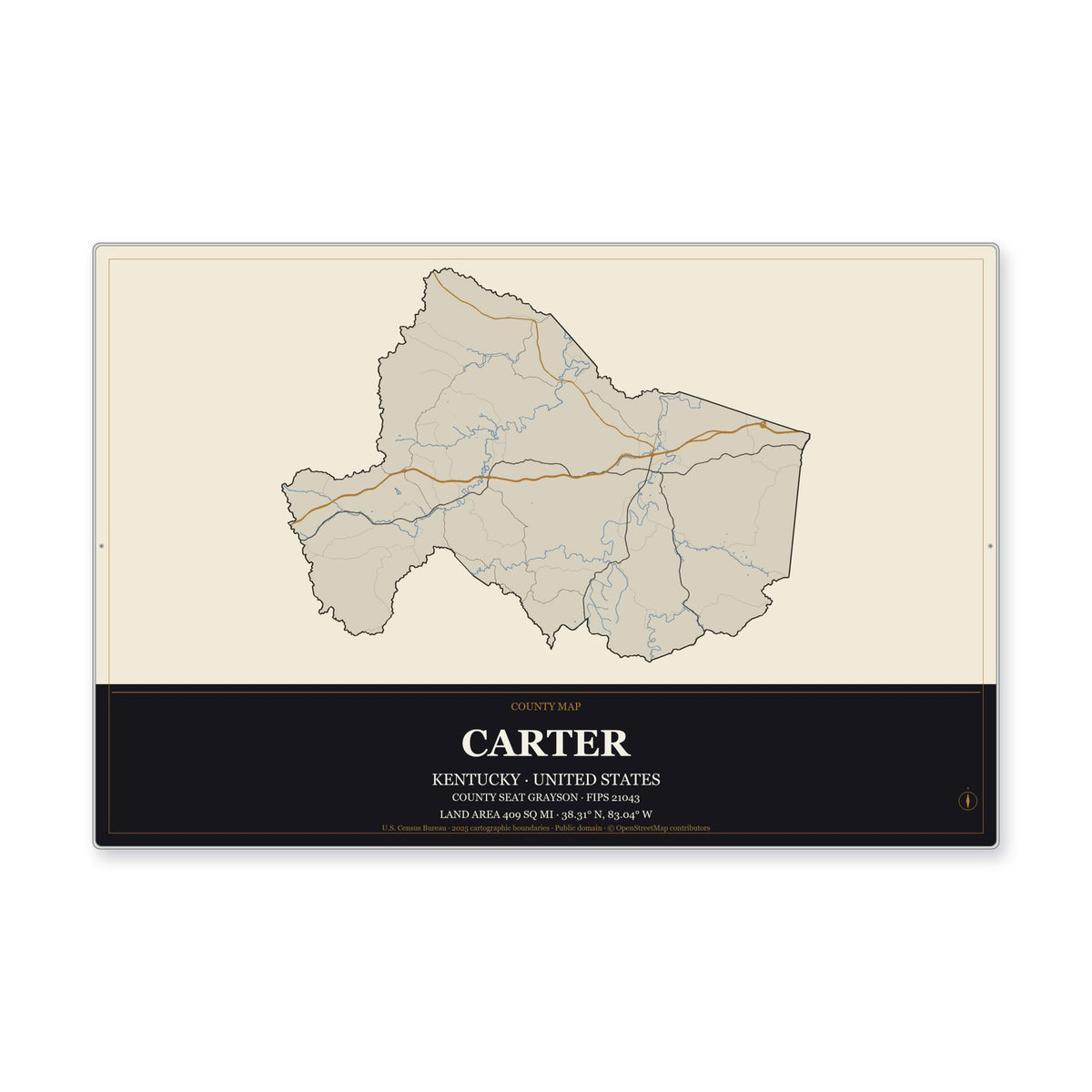 Carter County, Kentucky Map Aluminum Sign in Museum Plaque style
