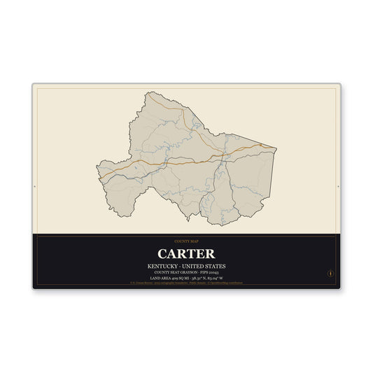 Carter County, Kentucky Map Aluminum Sign in Museum Plaque style