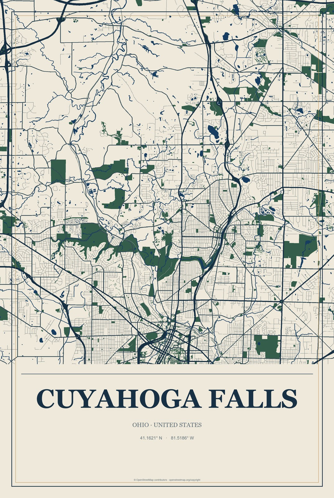 Cuyahoga Falls, Ohio City Map Aluminum Sign in Coastal Cutout style