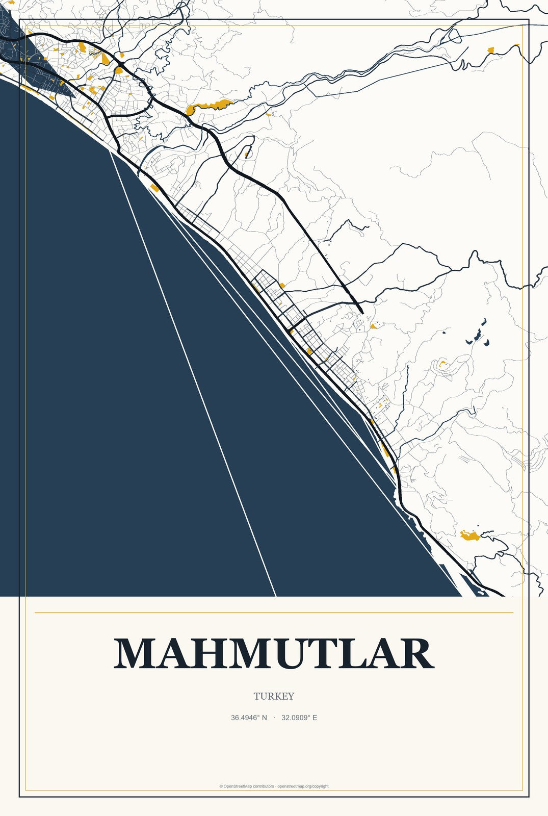 Mahmutlar, Turkey City Map Aluminum Sign in Citrine Modern style