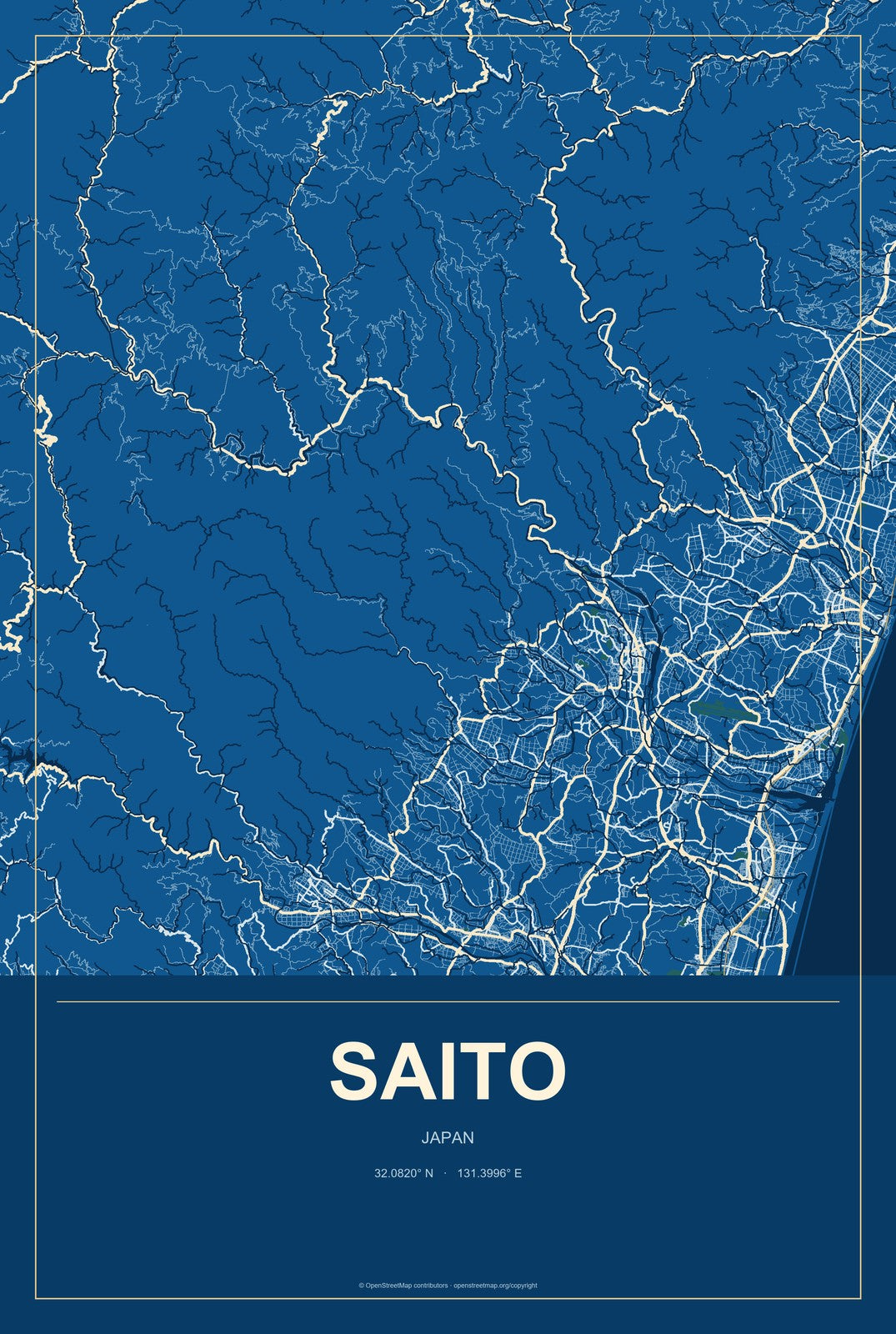 Saito, Japan City Map Aluminum Sign in Harbor Cobalt style