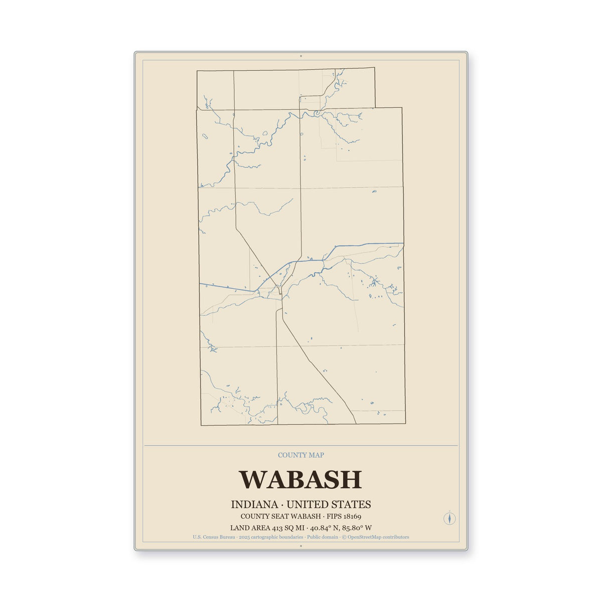 Wabash County, Indiana Map Aluminum Sign in Heritage Nautical style