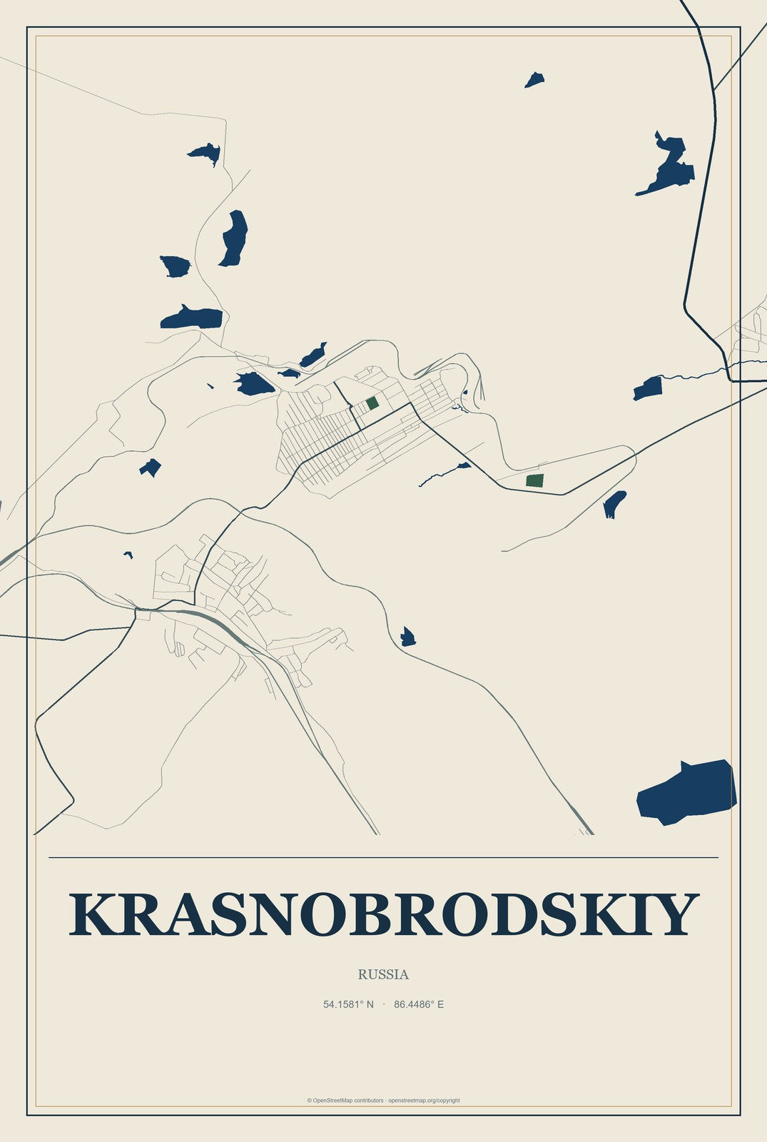 Krasnobrodskiy, Russia City Map Aluminum Sign in Coastal Cutout style
