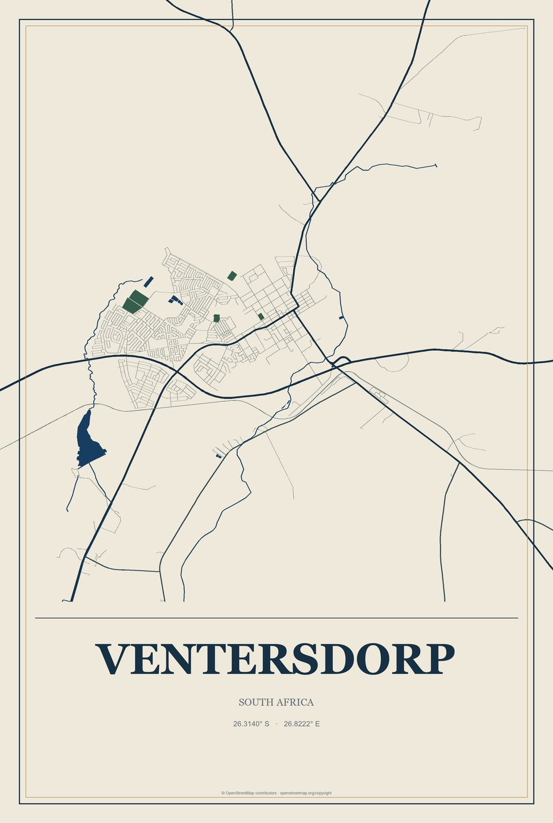 Ventersdorp, South Africa City Map Aluminum Sign in Coastal Cutout style