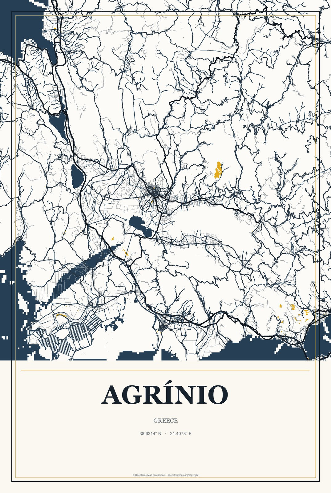 Agrínio, Greece City Map Aluminum Sign in Citrine Modern style