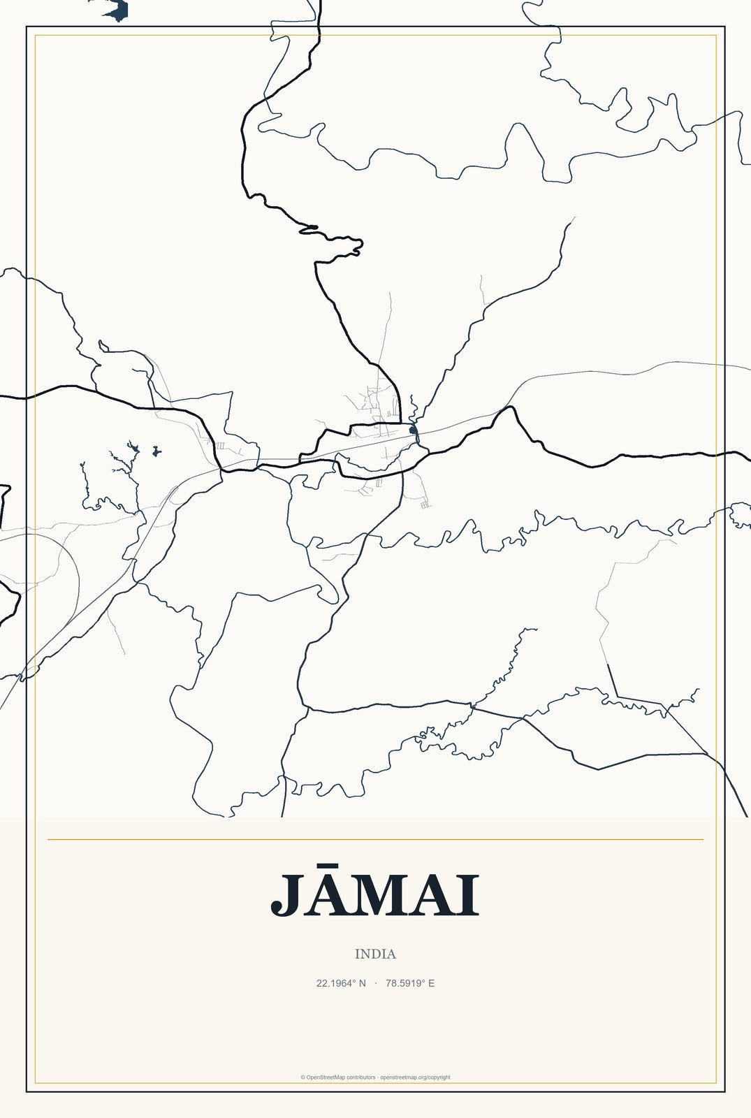 Jāmai, India City Map Aluminum Sign in Citrine Modern style